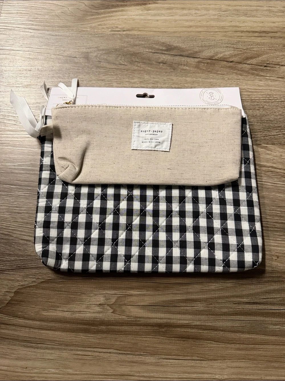 Small Beige & Large Black Gingham Pouch Set